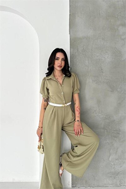 Neşeli Butik Γυναικεία πράσινη φόρμα με γιακά πουκάμισου και ζώνη, με φαρδιά ...