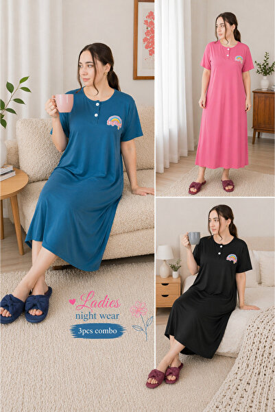 LINELLE Rainbow Print Nightwear Maxi Dress 3 Pcs Combo Set, Blue, Pink & Black