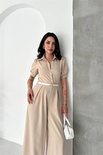 Neşeli Butik Γυναικεία μπεζ φόρμα με γιακά πουκαμίσου και φαρδιά μπατζάκια με...