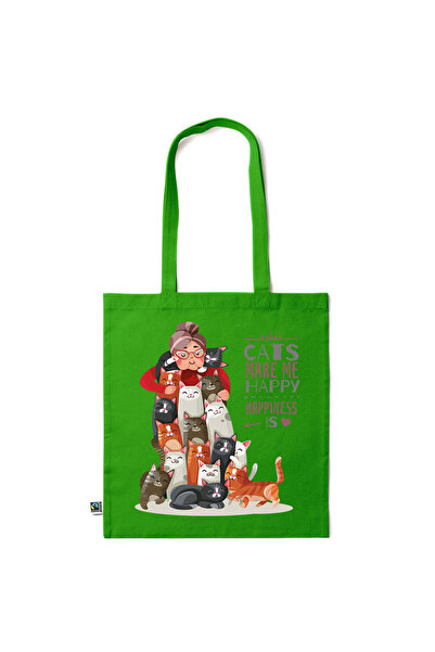 Intelli ® Eco-friendly Cotton shopping bag with long handles, Cats - Happines...