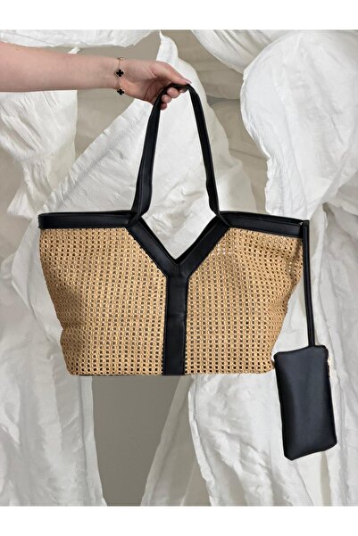 Luminos Butik V Λεπτομερής Μπεζ Ψάθινη Τσάντα CNT1300