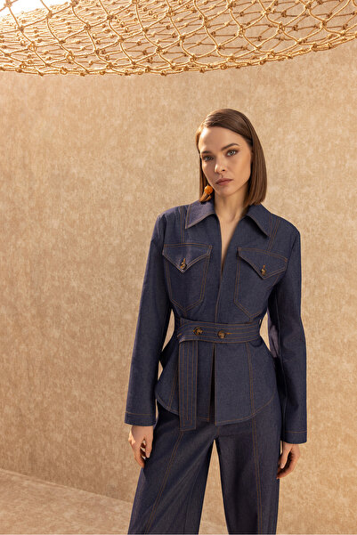 Berr-ın Bele Oturan Kuşaklı Ceket Denim