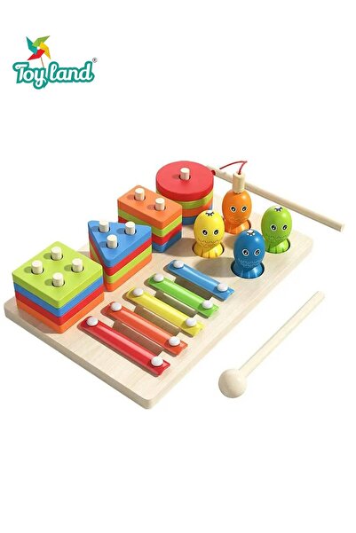 TOY LAND مجموعة ألعاب تعليمية خشبية 3 في 1 مع إكسيليفون، لعبة فرز الأشكال، ول...