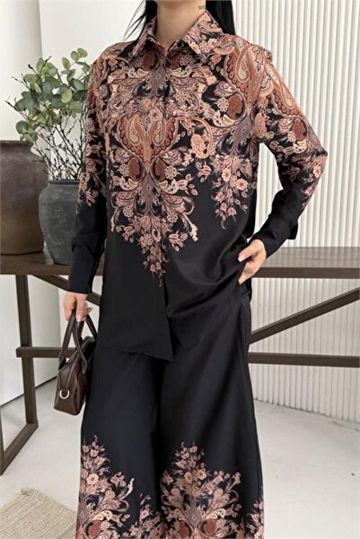 Neşeli Butik Γυναικείο κοστούμι διπλής σχεδίασης με μαύρο σχέδιο και φαρδιά γ...