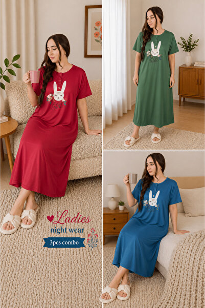 LINELLE Graphic Print Nightwear Maxi Dress 3 Pcs Combo Set, Blue, Red & Green