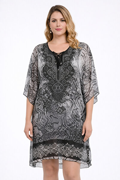 Şans Γυναικείο Μαύρο Τούνικ Σιφόν Μεγάλου Μεγέθους με Λεπτομέρεια από Πέτρα, ...