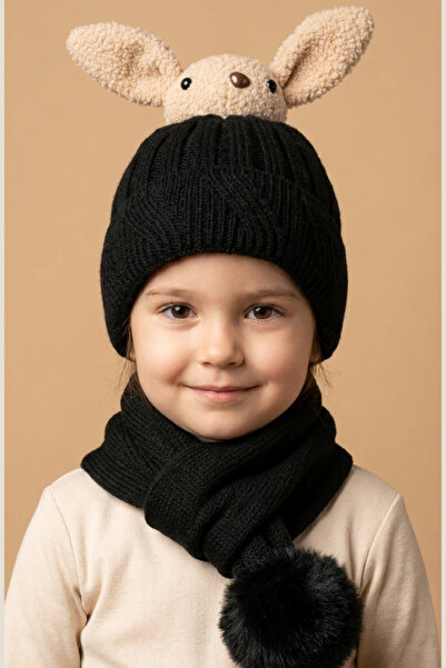Katia&Bony Μαύρο Παιδικό Σετ Καπέλο και Κασκόλ με Φιγούρα Κουνελιού