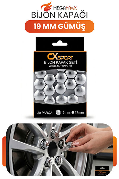 MEGAHAWK Bijon Kapağı 19 mm Gümüş 20 Parça Set Jant Bijon Koruyucu Kapak Univ...