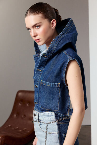 Berr-ın Kapüşonşu Denim Yelek Indigo