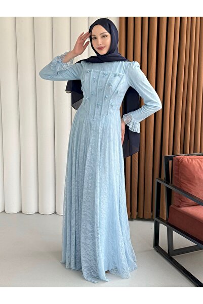 Modaensarbutik Mirella Dantel & Boncuk İşlemeli Korse Detaylı Tesettür Abiye-...