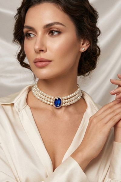 Happyline Oval Saks Mavi Taşlı Cam İncili Choker Kolye, Tasma Kolye, Gold Kap...