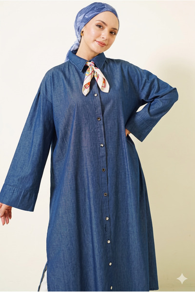 YAZGI MODA Kadın Salaş Kesim Düğmeli Uzun Jean Tunik Elbise