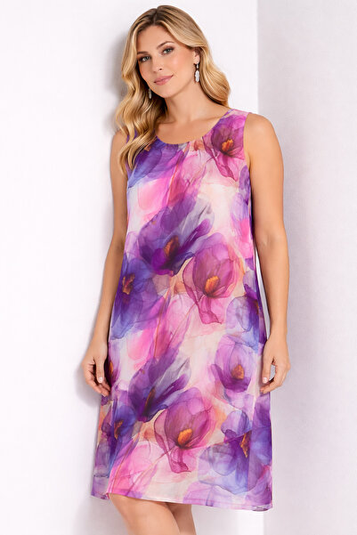 Şans Γυναικείο Φόρεμα Μεγάλου Μεγέθους Μωβ, με Σχέδιο Ορχιδέας, Ύφασμα Σιφόν ...