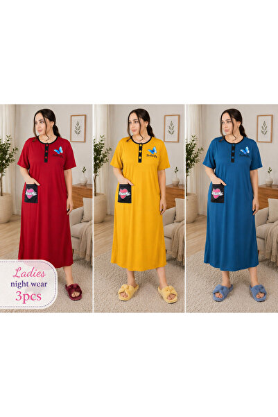LINELLE Solid Nightwear Maxi Dress 3 Pcs Combo Set, Yellow, Red & Blue