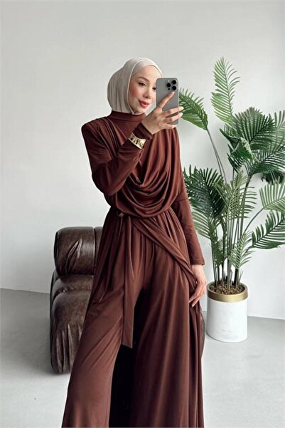 Neşeli Butik Γυναικεία καφέ ολόσωμη φόρμα χιτζάμπ με γιακά και ζώνη, από ύφασ...