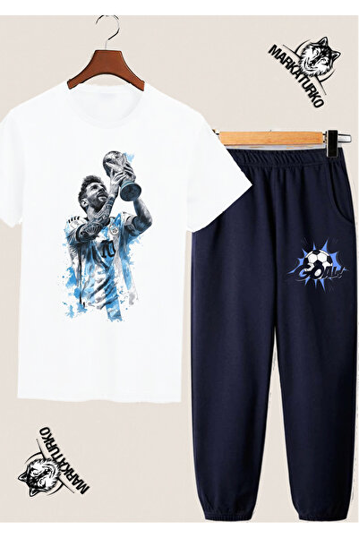 MarkaTurko Messi̇ Custom Design White T-Shirt-Dark Blue Sweatpants Combination