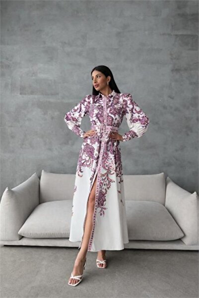 Neşeli Butik γυναικείο μωβ φόρεμα πουκάμισο με ζώνη και μακρύ σχέδιο NBMS4220