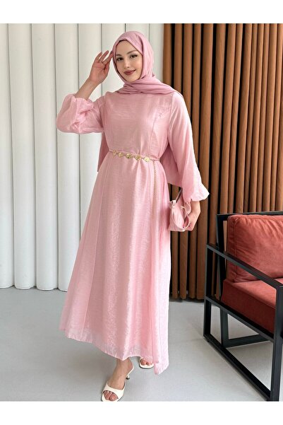 Modaensarbutik Premium Modal Kumaş Zincir Detaylı Tesettür Elbise-PEMBE