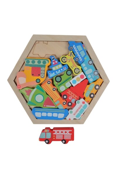 LimArt Puzzle educativ din lemn 'Lumea Vehiculelor', formă hexagonală, 11 pie...