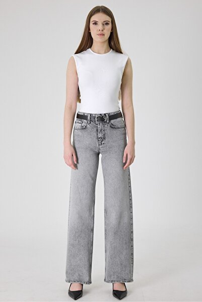 cracpot Kadın Gri Kar Yıkama Wide Leg Jean Pantolon – Yüksek Bel Comfort Fit ...