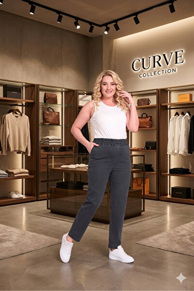 Butik BÜYÜK BEDEN BORU PAÇA BELİ LASTİKLİ KOT PANTOLON