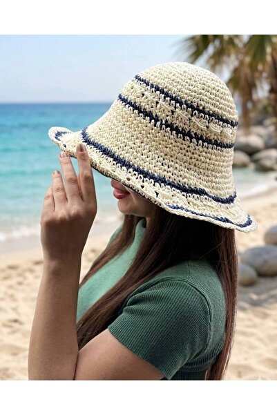 MD Moda Accessories Navy Blue Stripe Detailed Natural Straw Summer Hat