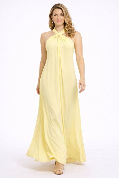 Şans Γυναικείο Μακρύ Φόρεμα Μεγάλου Μεγέθους, Κίτρινο, με Λεπτομέρεια στο Για...