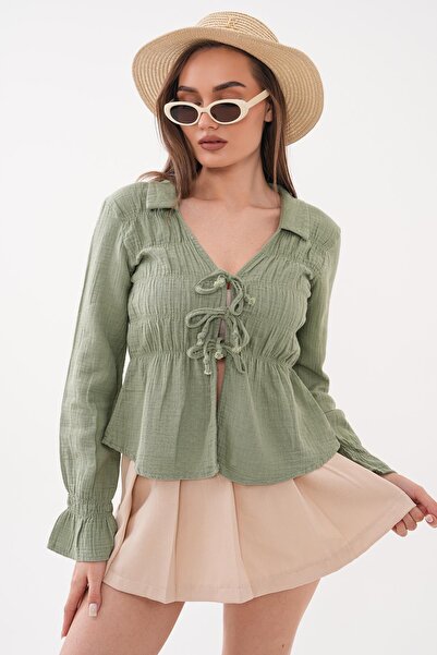 ŞİMAL Γυναικεία μπλούζα μουσελίνα με λεπτομέρεια δαντέλας στο μπροστινό μέρος...