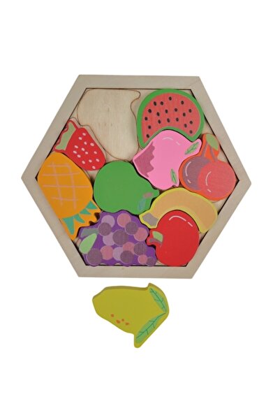 LimArt Puzzle educativ din lemn „Coș cu fructe”, formă hexagonală, 11 piese