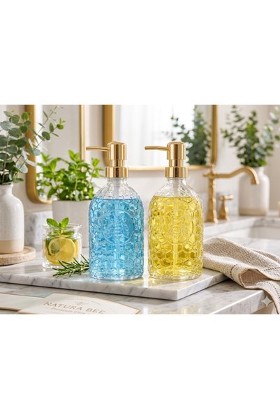 Trend Home Life Petek Desenli Gold Kapaklı Cam Sıvı Sabunluk 2’li Set Şık Mutfak & Banyo Sabunluk