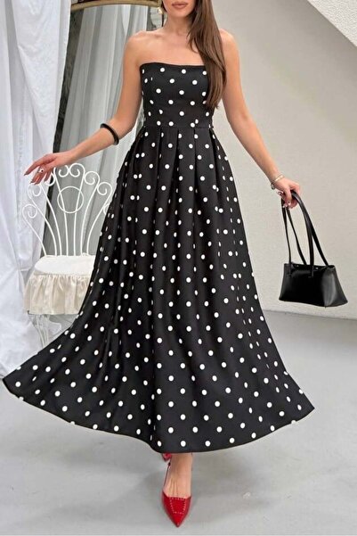 Mine Tan Butik Στράπλες Γυναικείο Φόρεμα Πουά - Μαύρο