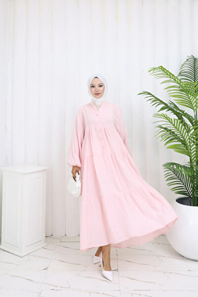 TATULA Muslin Fabric Long Dress with Buttons and Layered Detail