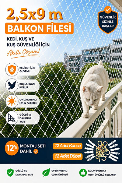 viyol marketim Kedi Balkon Filesi 2,5x9m – Kuş Balkon Filesi, UV Dayanıklı Ke...