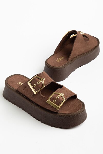 Moda Eleysa Women's Brown Suede High PU Sole Double Buckled Slipper