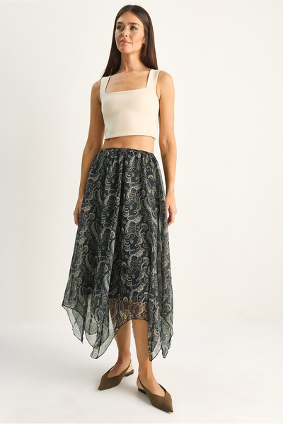 Bianco Lucci Γυναικεία φούστα μίντι από σιφόν με ασύμμετρο σχέδιο και επένδυσ...