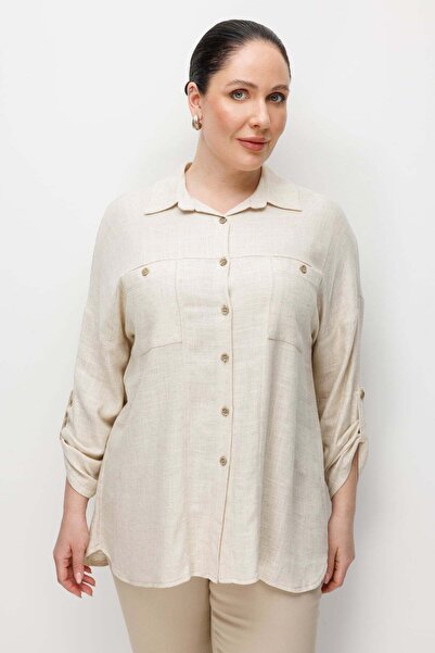 Ekol Λινό πουκάμισο μεγάλου μεγέθους με τσέπες