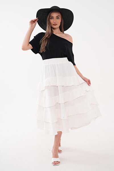 ŞİMAL Γυναικεία μακριά φούστα με βολάν και λεπτομέρειες από μουσελίνα 260044 -