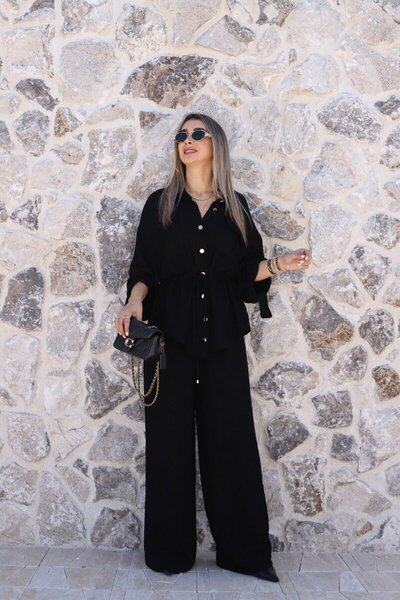 bytugcekaya Μαύρο χρυσό πουκάμισο με κουμπιά και παντελόνι - Σετ Standard