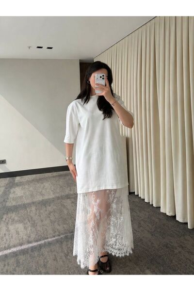 My Blog Εκρού Δαντελένιο Μίντι Φόρεμα - 0902