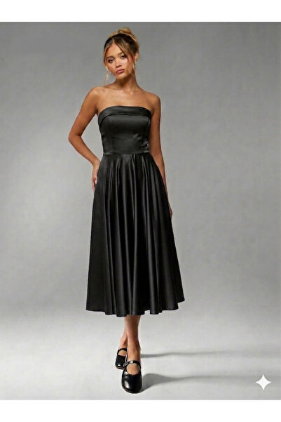 BORCKA TEKSTİL Βραδινό φόρεμα από σατέν με στράπλες και επιλογή μίντι τιράντες