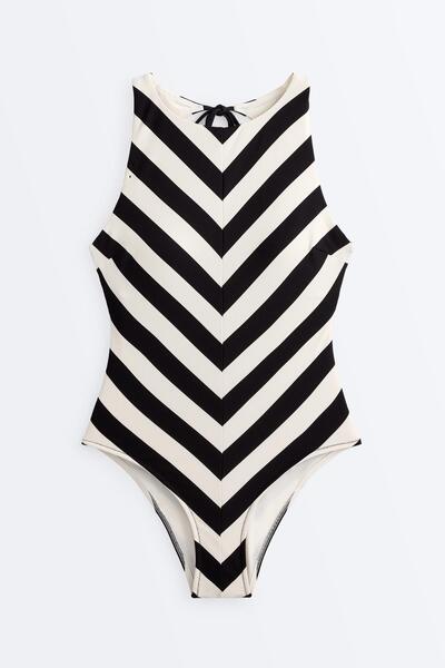 Oysho Diagonal stripe halter swimsuit