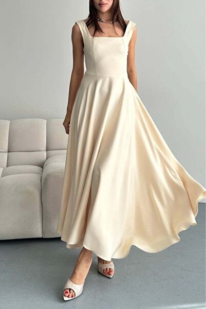 Mine Tan Butik Γυναικείο Φόρεμα με Τετράγωνο Γιακά από Διπλό Ύφασμα - Μπεζ