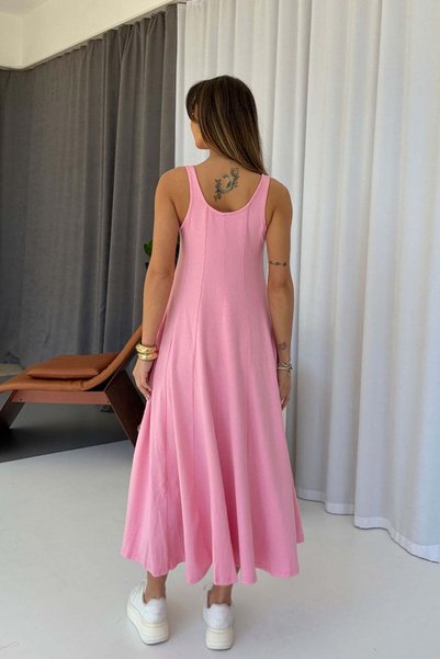 Mine Tan Butik Thick Strapped Modal Fabric Women's Midi Dress - Pink