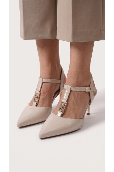 Lal Shoes & Bags Γυναικεία παπούτσια με χρυσό τακούνι και λεπτομέρεια από πέτ...