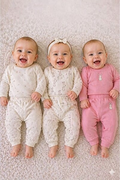MİNİKİNCİBABY طقم ملابس للأطفال البنات مكون من 3 قطع مطبوع عليه أرنب وزهور