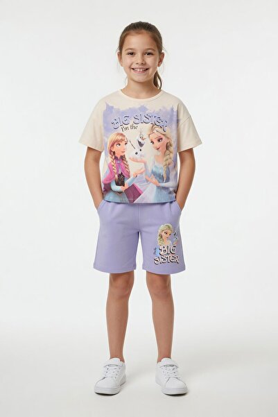 Cansın Mini Lila Snow Queen Printed Girl's T-Shirt and Shorts Set 23951
