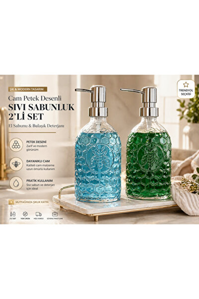 Trend Home Life Petek Desenli Cam Sıvı Sabunluk 2’li Set – Şık Mutfak & Banyo Sabunluk, El Sabunu