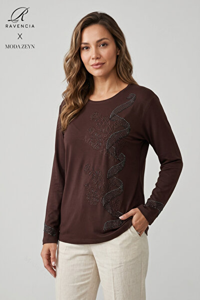 Ravencia Γυναικεία μπλούζα από βαμβακερό ύφασμα με σχέδιο βισκόζης και κεντημ...