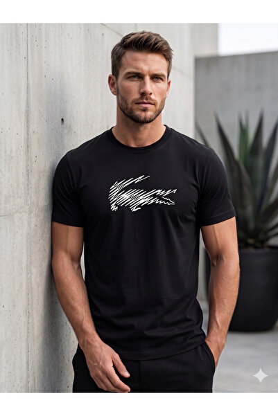 Farah Tekstil Sıfır Yaka Pamuklu, Likralı Timsah Baskılı Erkek T-shirt / Günlük
