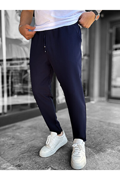 BYBASICMAN Pantaloni casual cu tivuri pliate, albastru marin LNS-23132